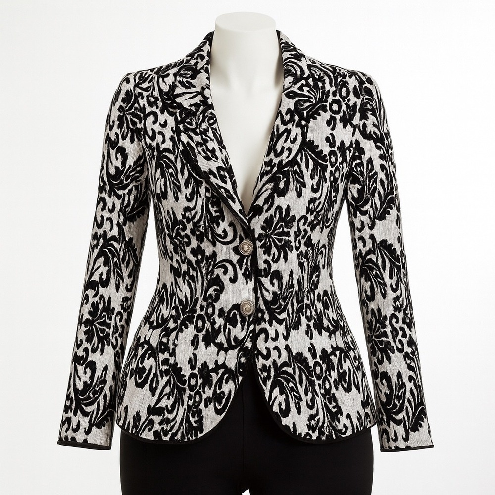 Jackie Jon Blazer Womens 12 Black White Baroque‎ Pleated Jacket Elegant Evening